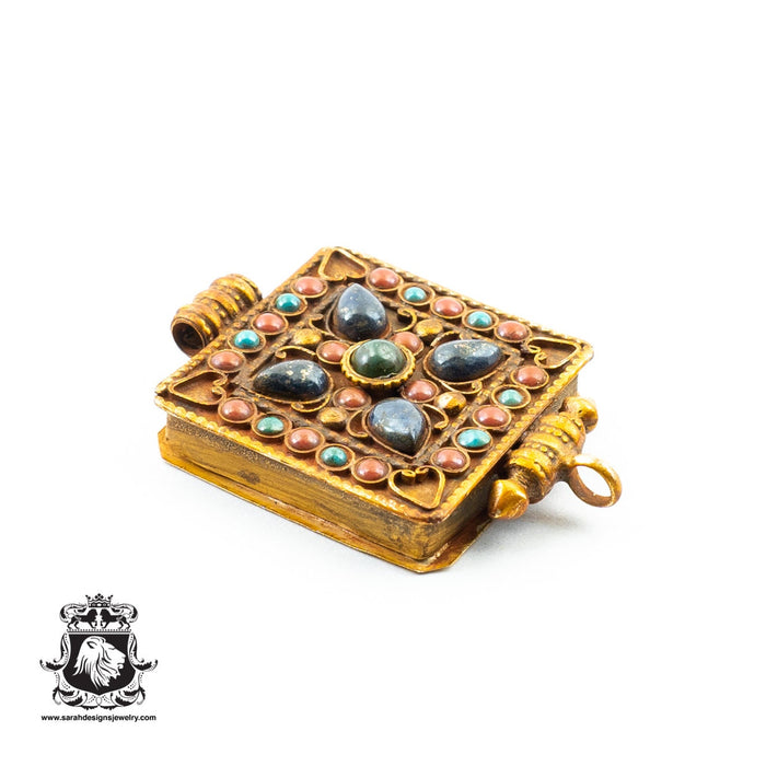 Antique Lapis Lazuli Coral Turquoise Scripture Ghau Amulet Prayer Box Pendant NP21
