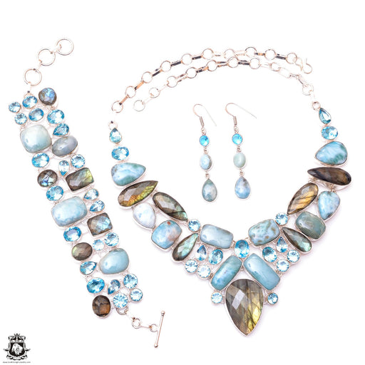Labradorite Larimar Aquamarine Silver Earrings Bracelet Necklace Set SET1202