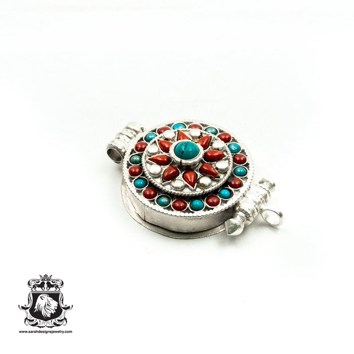 Polished Silver Coral Turquoise CHAKRA Ghau Amulet Prayer Box Pendant Np41