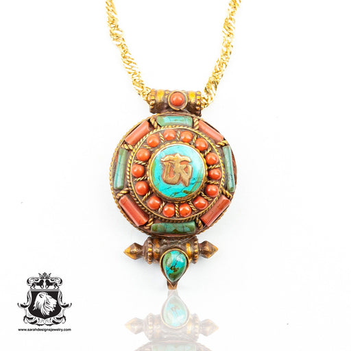Gold Brushed Antique Coral Turquoise Inlay OM Prayer Box Ghau Amulet Prayer Box Pendant Np29