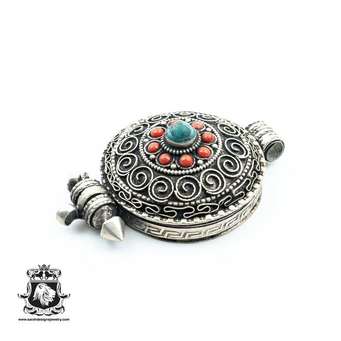 POLISHED Silver Coral Turquoise Inlay WEB CHAKRA Amulet Prayer Box Np4
