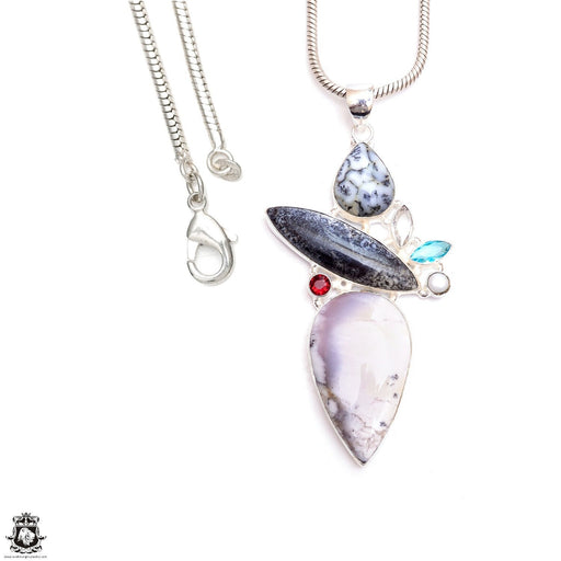 Tiffany Stone Dendritic Opal Blue Topaz Clear Topaz Garnet Pendant & Chain  P9447