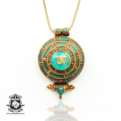 Rare Find 3D GOLD brushed Turquoise Inlay OM Prayer Box Pendant Np42