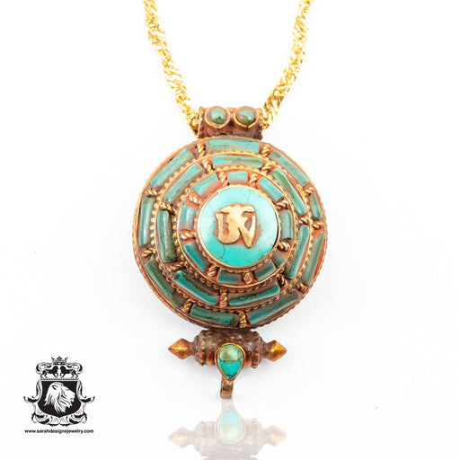 Legendary Masterpiece 3D Gold brushed Antique Turquoise Inlay OM Prayer Box Pendant Np28