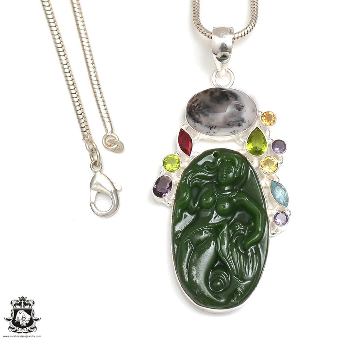 Genuine Jade Mermaid Carving Silver Pendant & Chain P9139