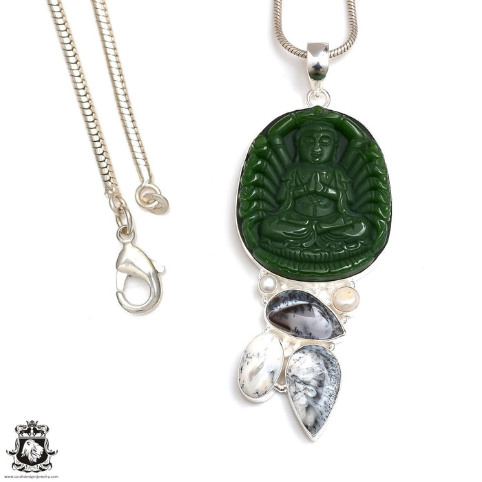 5 Inch Genuine Certified Jade Buddha Carving Silver Pendant & Chain P9123
