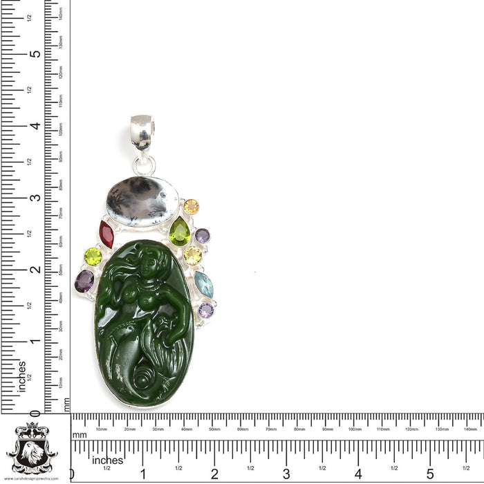 Genuine Jade Mermaid Carving Silver Pendant & Chain P9139