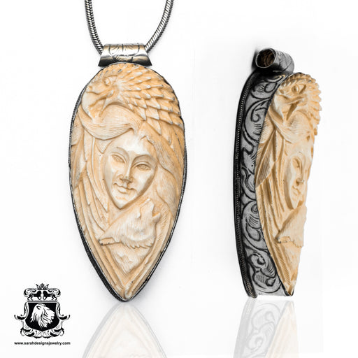 Lady Wolf Eagle  Carving Silver Pendant & Chain N325