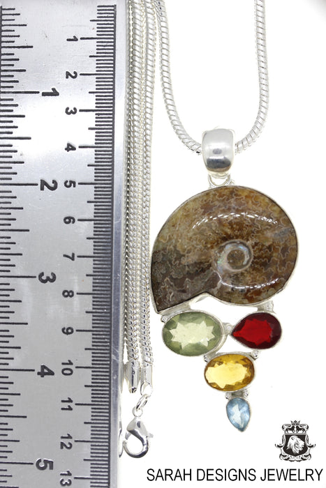 Ammonite Garnet Green Amethyst Citrine Blue Topaz 925 Sterling Silver Pendant & Chain P4520