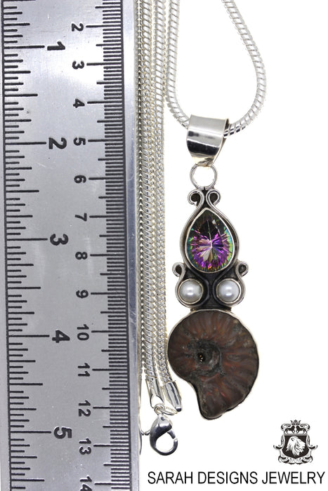 Ammonite Mystic Topaz Pearl 925 Sterling Silver Pendant 4mm Snake Chain P848