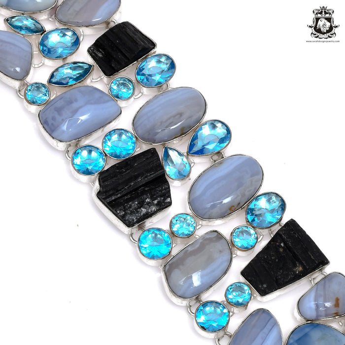 Blue Lace Agate Black Tourmaline Blue Topaz Bracelet B3591