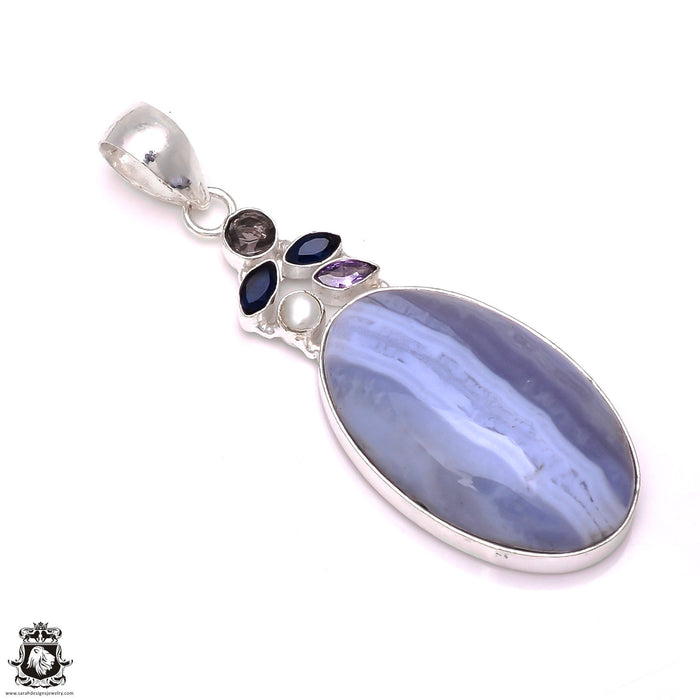 Blue Lace Agate Iolite Amethyst Pearl Pendant & Chain P6611
