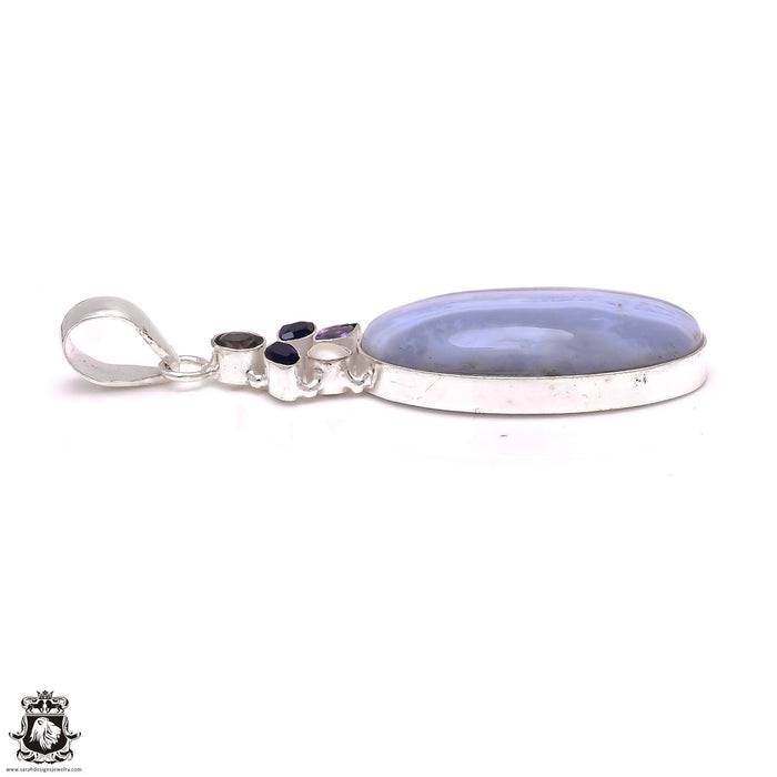 Blue Lace Agate Iolite Amethyst Pearl Pendant & Chain P6611
