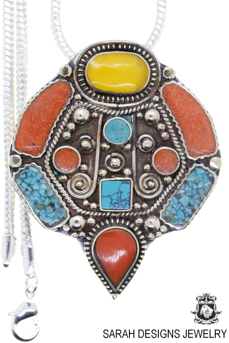 Amber Turquoise Coral Tibetan Silver Nepal Pendant & Chain N39