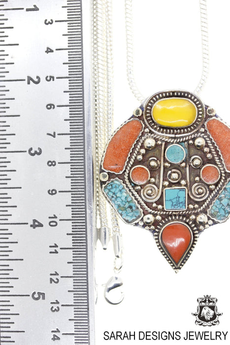 Amber Turquoise Coral Tibetan Silver Nepal Pendant & Chain N39