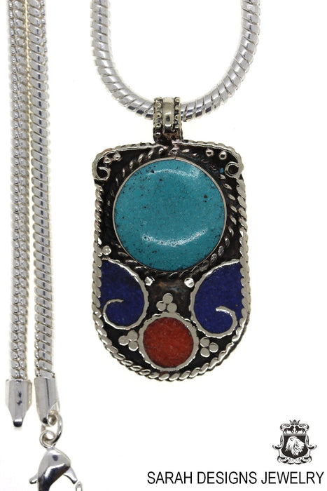 Turquoise Coral Tibetan Silver Nepal Pendant & Chain N42