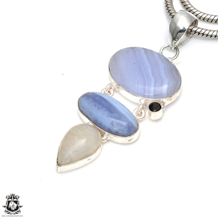 Blue Lace Agate Owyhee Opal Moonstone Pendant & Chain P6885