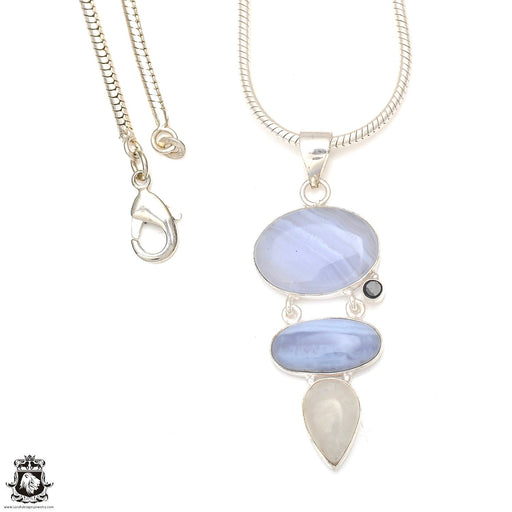 Blue Lace Agate Owyhee Opal Moonstone Pendant & Chain P6885