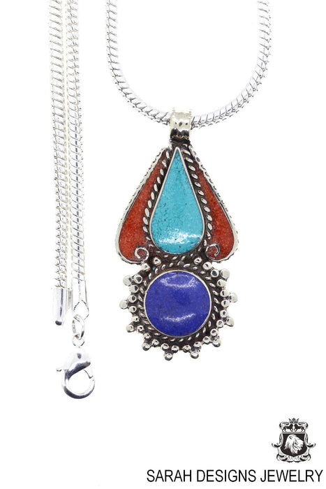 Turquoise Coral Tibetan Silver Nepal Pendant & Chain N35