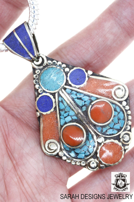Turquoise Coral Tibetan Silver Nepal Pendant & Chain N37