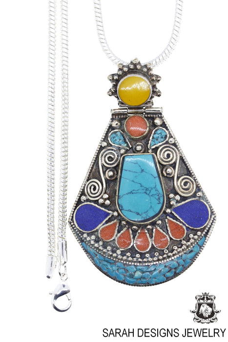 3 Inch Coral Turquoise Tibetan Silver Nepal Pendant & Chain N38