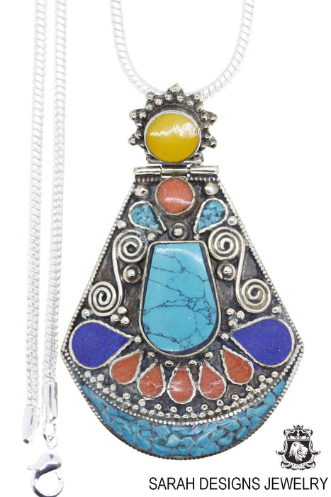 3 Inch Coral Turquoise Tibetan Silver Nepal Pendant & Chain N38