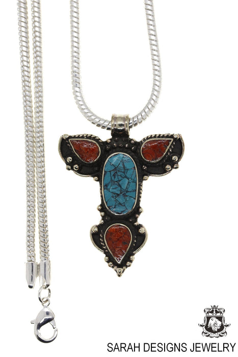 Angel Wing Turquoise Coral Tibetan Silver Nepal Pendant & Chain N41