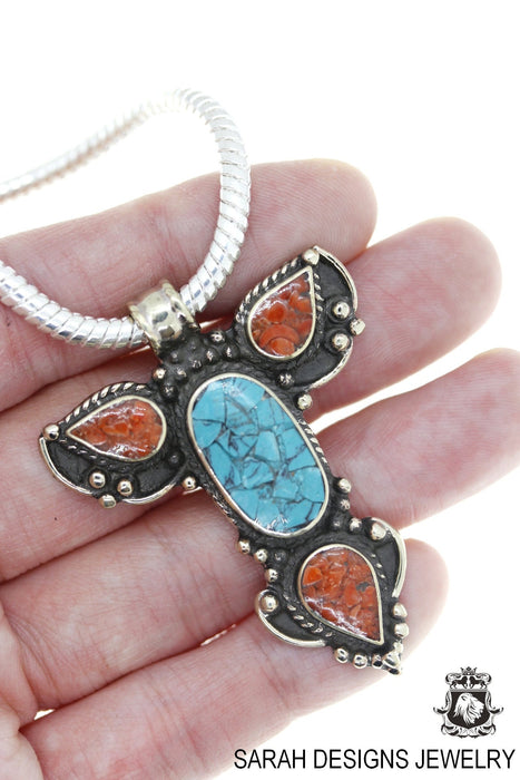 Angel Wing Turquoise Coral Tibetan Silver Nepal Pendant & Chain N41