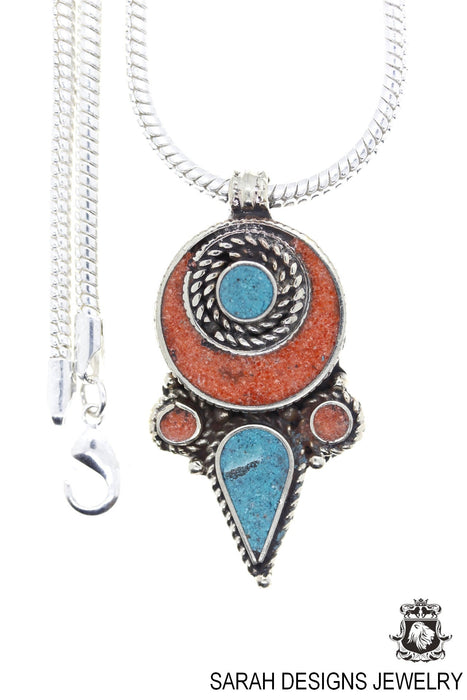 Turquoise Coral Tibetan Silver Nepal Pendant & Chain N46