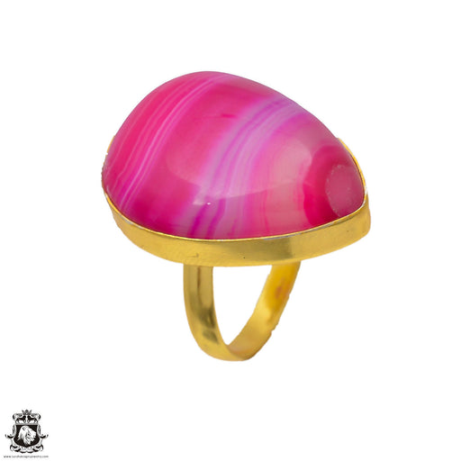 Size 10.5 - Size 12 Ring Pink Banded Agate 24K Gold Plated Ring GPR5