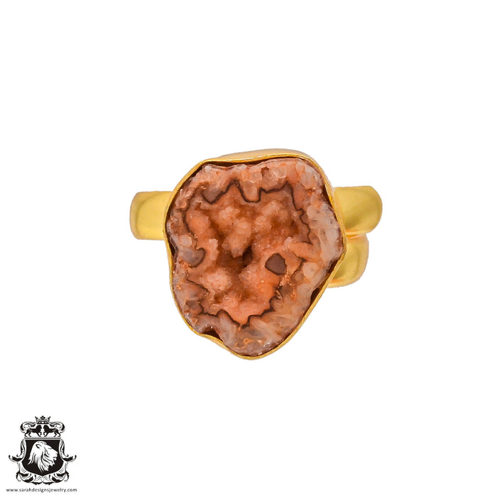 Size 7.5 - Size 9 Ring Rhodochrosite Stalactite Geode 24K Gold Plated Ring GPR261
