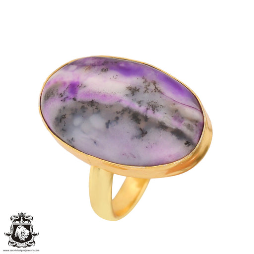 Size 9.5 - Size 11 Ring Purple Merlinite Dendritic Opal 24K Gold Plated Ring GPR738