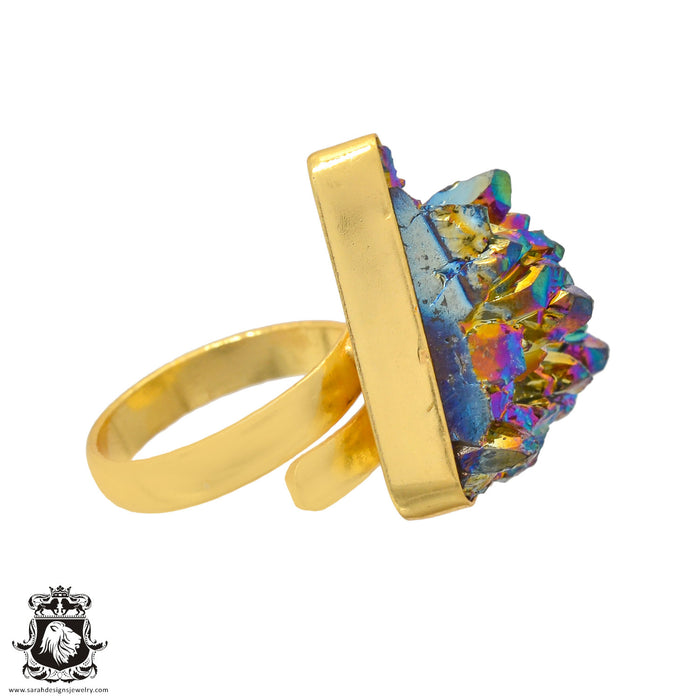 Size 9.5 - Size 11 Adjustable Chalcopyrite Peacock Ore 24K Gold Plated Ring GPR938