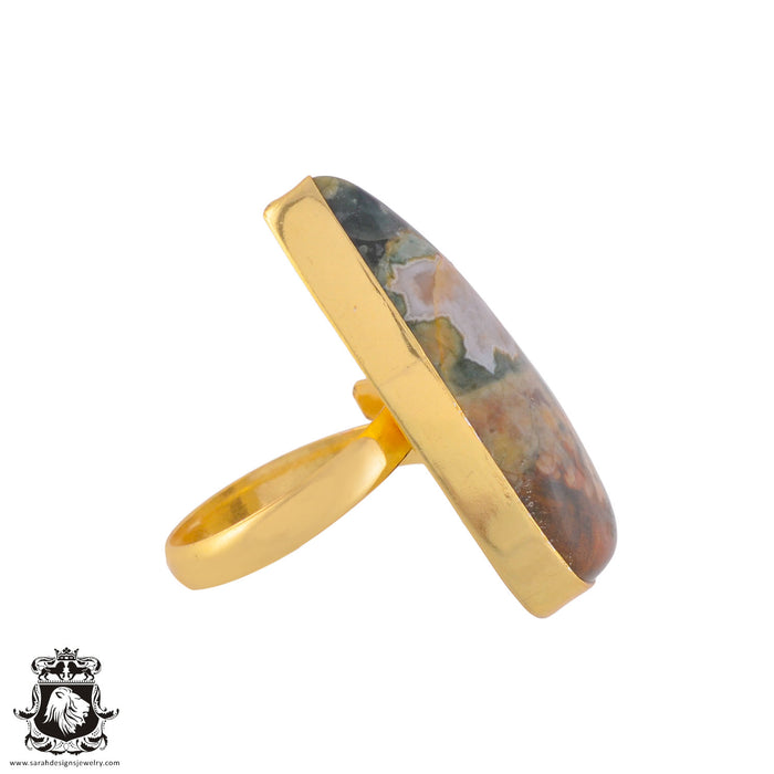 Size 9.5 - Size 11 Ring Rhyolite Rainforest Jasper 24K Gold Plated Ring GPR1017