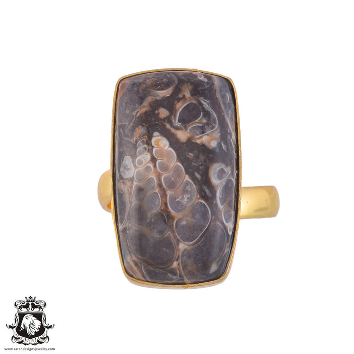 Size 9.5 - Size 11 Ring Turritella Agate Fossil 24K Gold Plated Ring GPR1025