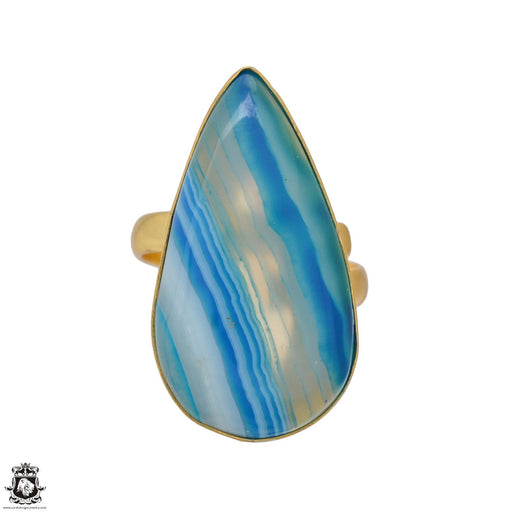 Size 9.5 - Size 11 Ring Blue Banded Agate 24K Gold Plated Ring GPR1172