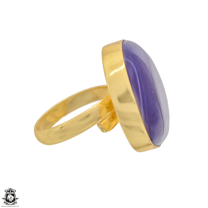 Size 9.5 - Size 11 Ring Purple Banded Agate 24K Gold Plated Ring GPR1180