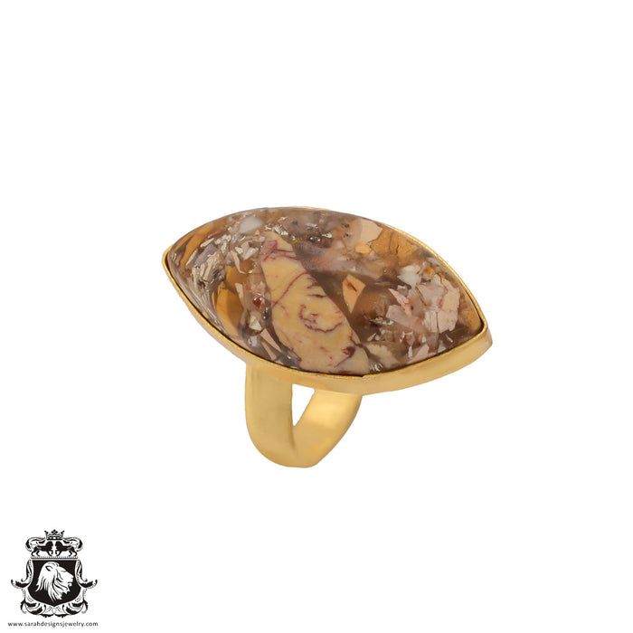 Size 8.5 - Size 10 Adjustable Brecciated Mookaite 24K Gold Plated Ring GPR705