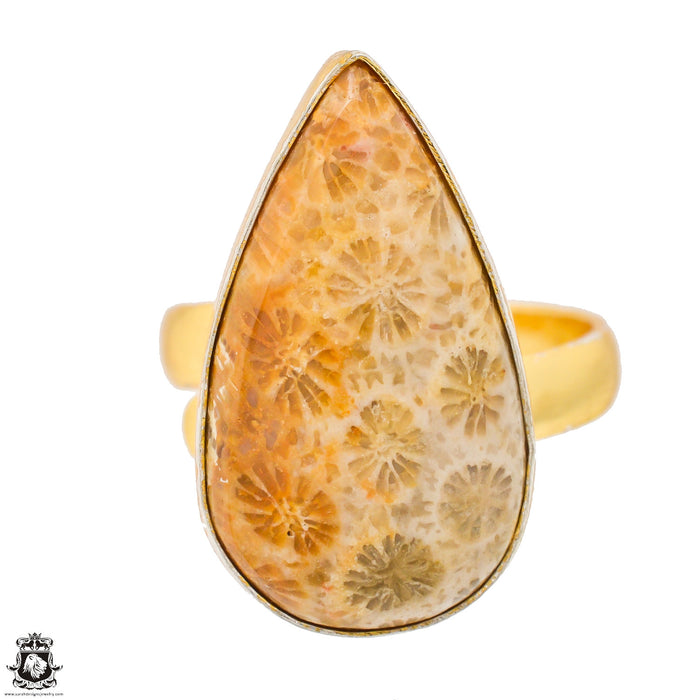 Size 9.5 - Size 11 Ring Fossilized Bali Coral 24K Gold Plated Ring GPR1335