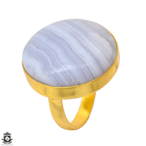 Size 9.5 - Size 11 Ring Blue Lace Agate 24K Gold Plated Ring GPR1698