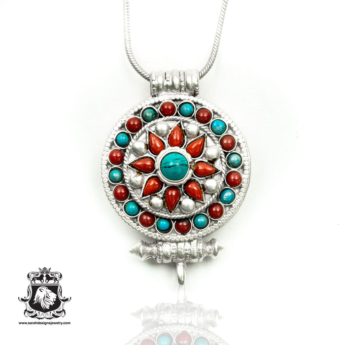 Polished Silver Coral Turquoise CHAKRA Ghau Amulet Prayer Box Pendant Np41