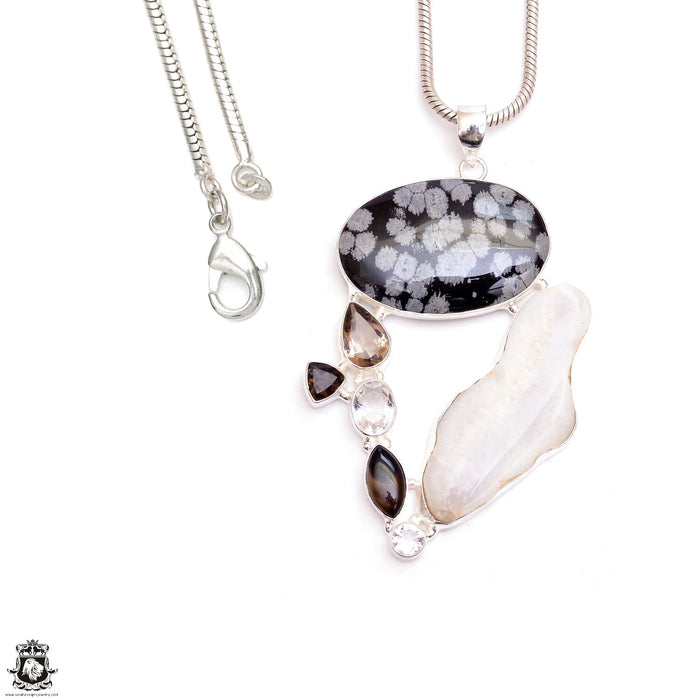 Angel Aura Quartz Snowflake Obsidian Smoky Topaz Silver Pendant & Chain P9523