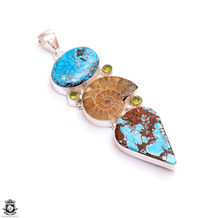 Number 8 Turquoise Ammonite Fossil Silver Pendant & Chain P9469