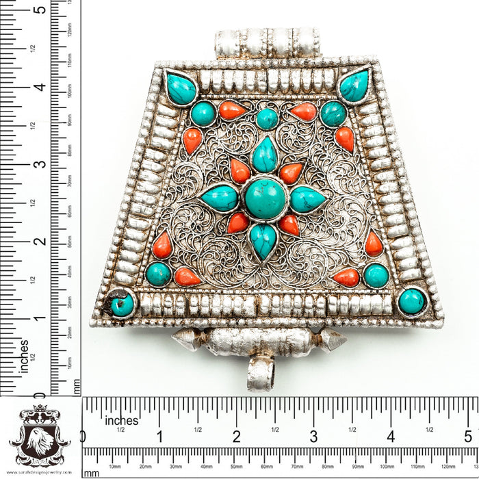 Rare Find Masterpiece 5 Inch Antique Silver Turquoise Prayer Box Pendant Np30