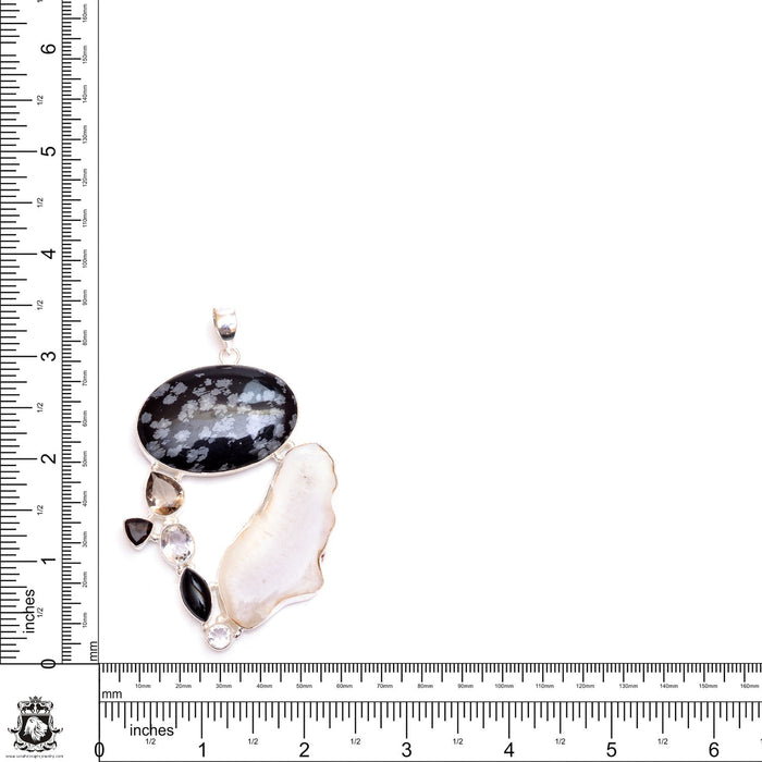 Aura Quartz Smoky Topaz Snowflake Obsidian Silver Pendant & FREE 3MM Italian 925 Sterling Silver Chain P9524