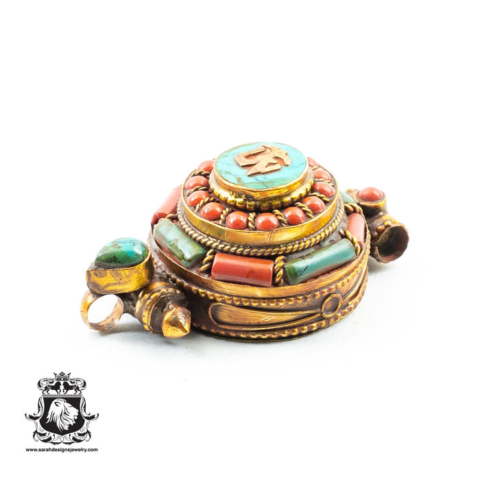 Gold Brushed Antique Coral Turquoise Inlay OM Prayer Box Ghau Amulet Prayer Box Pendant Np29