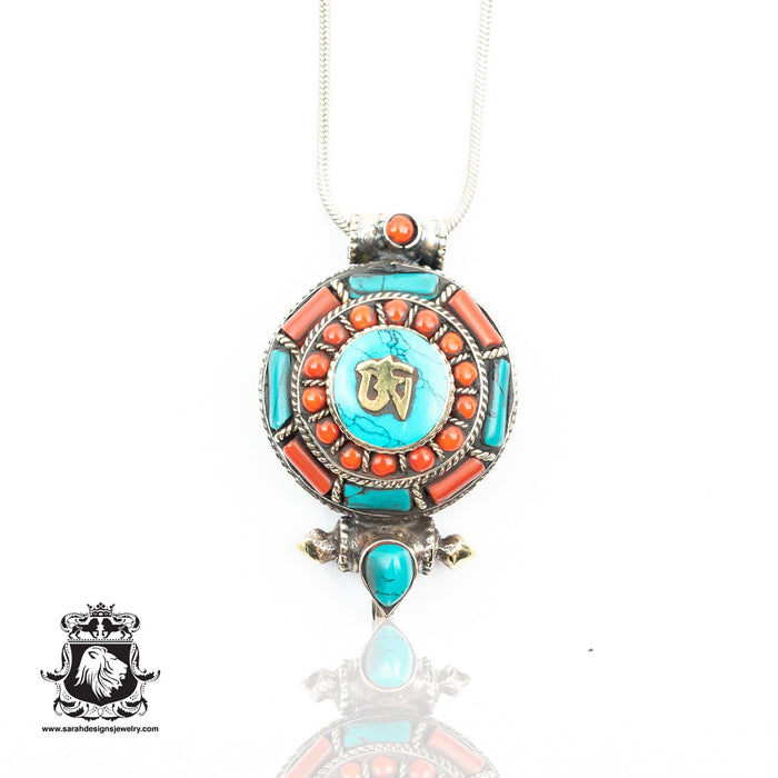 HINDU Antique Silver Coral Turquoise Inlay OM Amulet Prayer Box Pendant Np8
