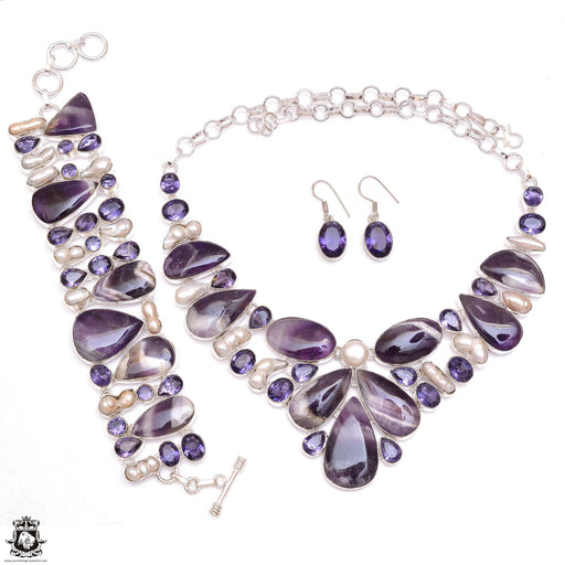 Chevron Amethyst Pearl Necklace Bracelet Dangle Earrings SET1149