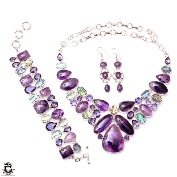 Tripache Amethyst Abalone Shell Silver Earrings Bracelet Necklace Set SET1188