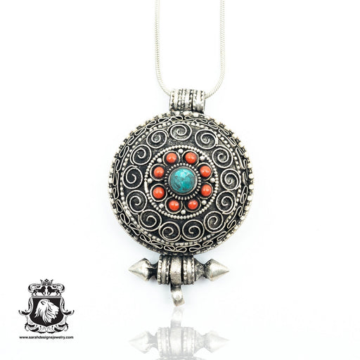 POLISHED Silver Coral Turquoise Inlay WEB CHAKRA Amulet Prayer Box Np4
